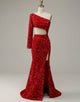 Red Split Sequin Prom Dress with Sleeves