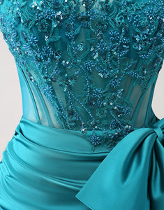 Sparkly Peacock Green Tight Strapless Beaded Applique Homecoming Dress with Bow