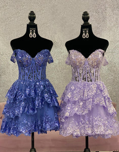 Blue Off the Shoulder A Line Corset Homecoming Dress
