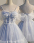 A Line Tulle Blue Off The Shoulder Cute Homecoming Dress with Pleated