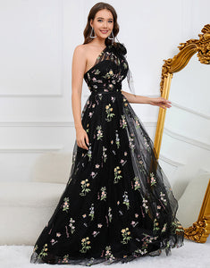 A-Line Black Long Prom Dress With Embroidery