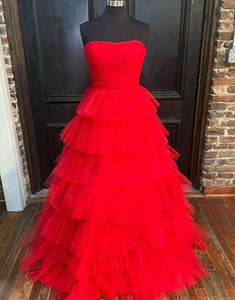 Hot Pink Tulle Strapless Princess Long Prom Dress