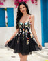 Spaghetti Straps Black Sequin Flowers Homecoming Dress