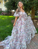 A Line Strapless Off The Shoulder Floral Tulle Long Prom Dress
