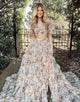 Ivory Floral A Line Two Pieces Set Tulle Long Prom Dress