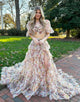 Ivory Floral A Line Two Pieces Set Tulle Long Prom Dress