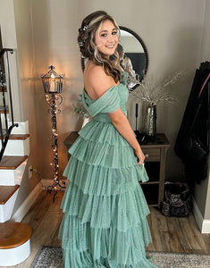 Green A Line Off The Shoulder Two Pieces Long Prom Dress