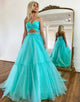 Mint Green A Line Off The Shoulder Two Pieces Long Prom Dress