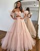 Pink A Line Off The Shoulder Two Pieces Long Prom Dress