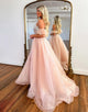 Pink A Line Off The Shoulder Sequins Long Prom Dress