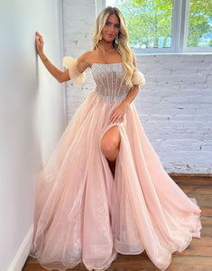 Pink A Line Off The Shoulder Sequins Long Prom Dress