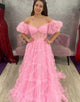 Fuchsia A Line Off The Shoulder Tulle Long Prom Dress