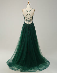 Dark Green A-Line Tulle Appliques Long Prom Dress With Slit