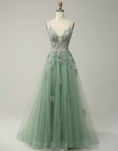 Dark Green A-Line Tulle Appliques Long Prom Dress With Slit
