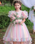 A Line Tulle Pink Sequins Puff Sleeves Girls Dresses With Bow