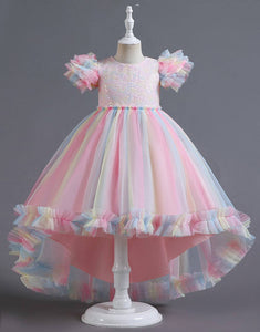 A Line Tulle Pink Sequins Puff Sleeves Girls Dresses With Bow
