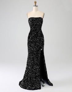 Sheath Strapless Sequin Black Prom Dress with Split