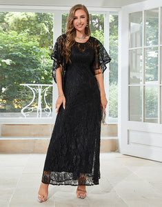 Black Lace A-line Round Neck Short Sleeves Mother of Bride Dress