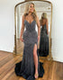 Sparkly Black Spaghetti Beads Prom Dress With Slit