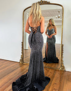 Sparkly Black Spaghetti Beads Prom Dress With Slit