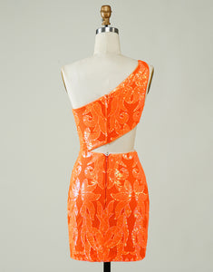 Orange One Shoulder Glitter Homecoming Dress with Hollow-out
