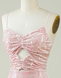 Velvet Sequins Pink Tight Homecoming Dress with Hollow-out