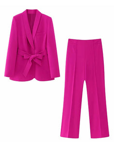 Fuchsia Shawl Lapel 2 Piece Women Suit with Belt