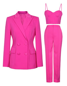 Hot Pink Peaked Lapel Double Breasted 3 Piece Slim Fit Women Suits