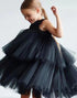 Black Tiered Boat Neck Black Flower Girl Dress