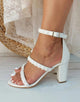 White Pearls Strap Thick Heel Bridal Shoes