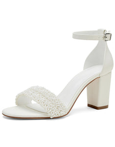 White Bridal Shoes Pearls Thick Heel Strap