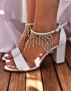 White High Heel Tassels Strap Rhinestones Bridal Shoes