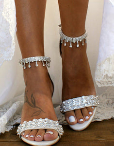 White Thick Heel Tassels Rhinestones Bridal Shoes