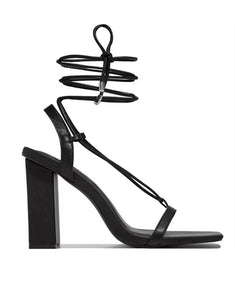 Black Square Toe Lace Up Thick Heel Sandals