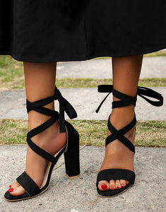 Red Lace Up Suede Chunky Heel Sandals