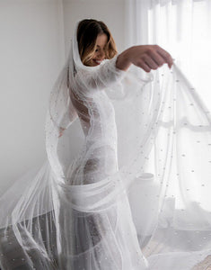 Ivory Tulle Long Wedding Veil With Pearl