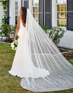 Ivory Tulle Long Wedding Veil With Pearl