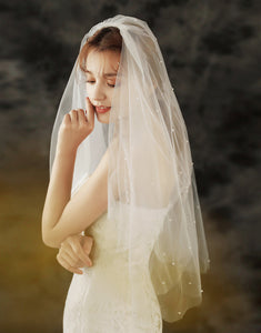 Ivory Tulle Short Wedding Veil With Pearl