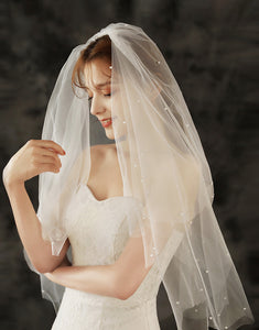 Ivory Tulle Short Wedding Veil With Pearl