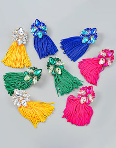 Boho Floral Tassel Earrings with Rhinestones
