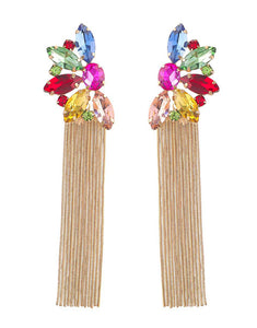 Floral Long Tassel Earrings with Rhinestones