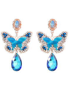 Blue Butterfly Teardrop Rhinestone Earrings
