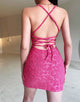 Halter Hot Pink Tight Short Homecoming Dress with Lace Up Back