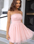 Pink Strapless A Line Tulle Short Homecoming Dress with Ruffles