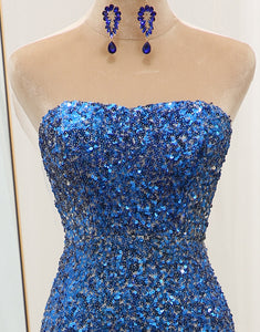 Blue Sequined Off the Shoulder Mermaid Long Prom Dress