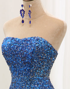 Blue Sequined Off the Shoulder Mermaid Long Prom Dress