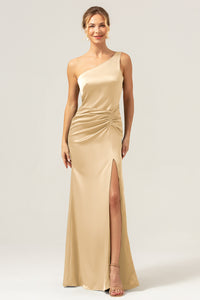 Elegant Olive Green One-Shoulder Pleated High-Slit Mermaid Maxi Dress - Perfect Bridesmaid Dress