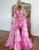 Glitter Straps Pink V Neck Tiered Long Prom Dress