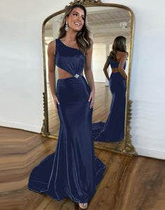 Royal Blue One Shoulder Cutout Waist Long Satin Mermaid Prom Dress With Beading