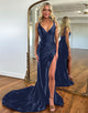 Royal Blue V-Neck Ruched Satin Prom Dress with Slit